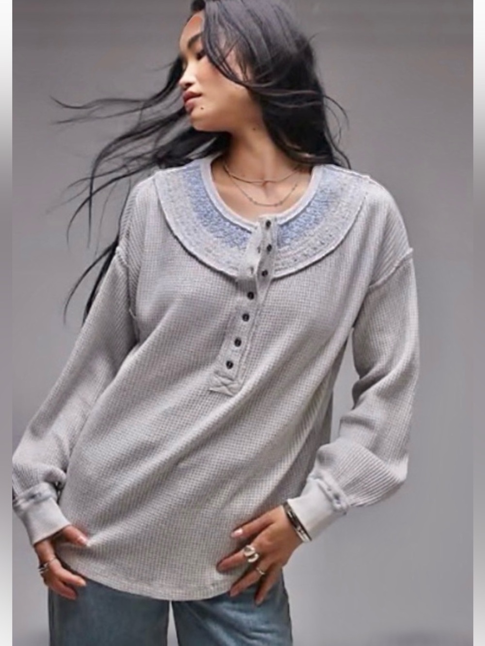 FREE PEOPLE Holly Henley Waffle Knit Top Heather Grey Blue